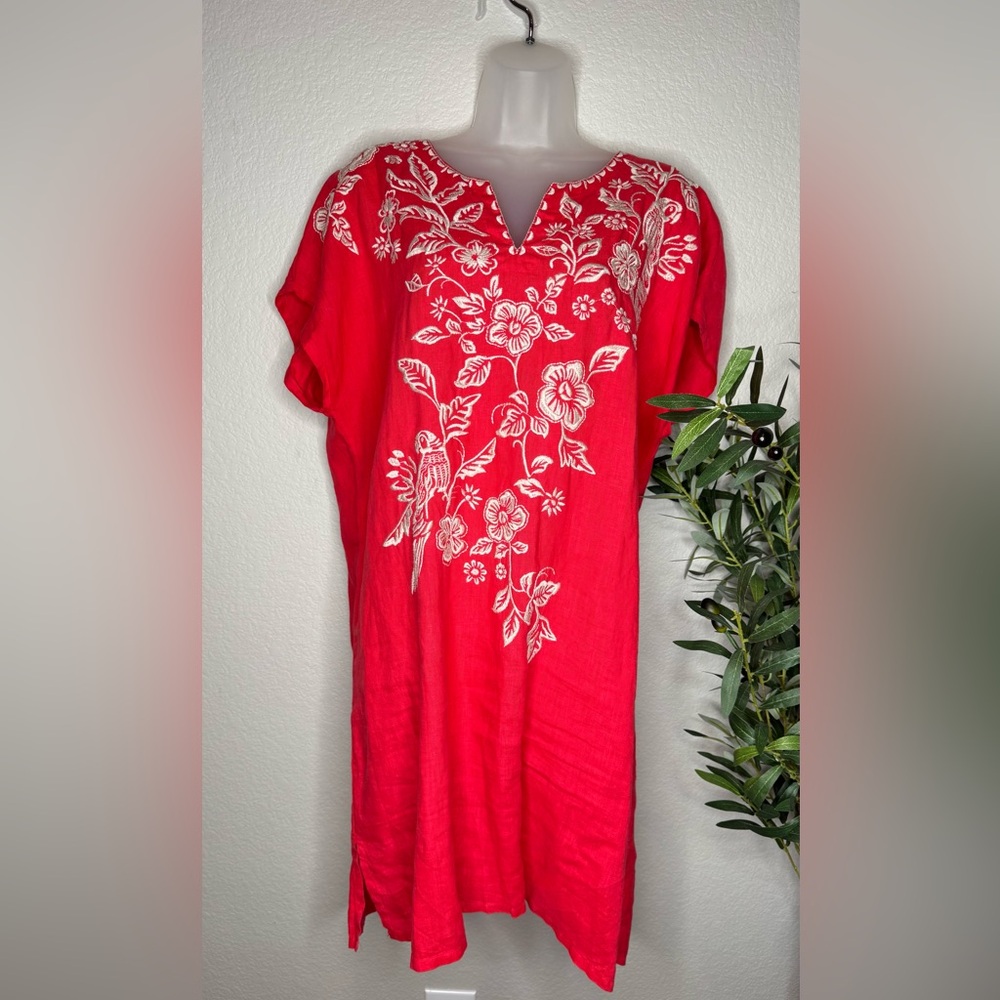 Johnny Was Red Embroidered‎ Linen Tunic Dress Women’s Large Boho Floral